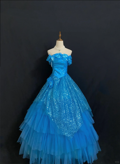 Blue Off-the-Shoulder Long Romantic Gown With Fitted Waist And Fluffy Princess Skirt, Wedding Dress & Bridal Gown gh8290