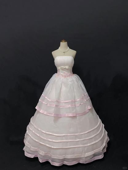 Blush Pink Strapless Long Romantic Gown, Waist-cinched Design, Voluminous Flared Skirt, Wedding Dress & Bridal Gown gh8199