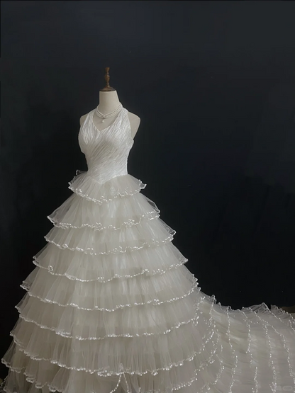Off-White Halter Long Romantic Wedding Dress, Cinched Waist, Voluminous Tiered Cake Skirt gh8340