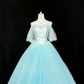 Light Blue Off-the-Shoulder Cinched Waist Voluminous Princess Skirt Long Romantic Dress, Wedding Gown gh7890