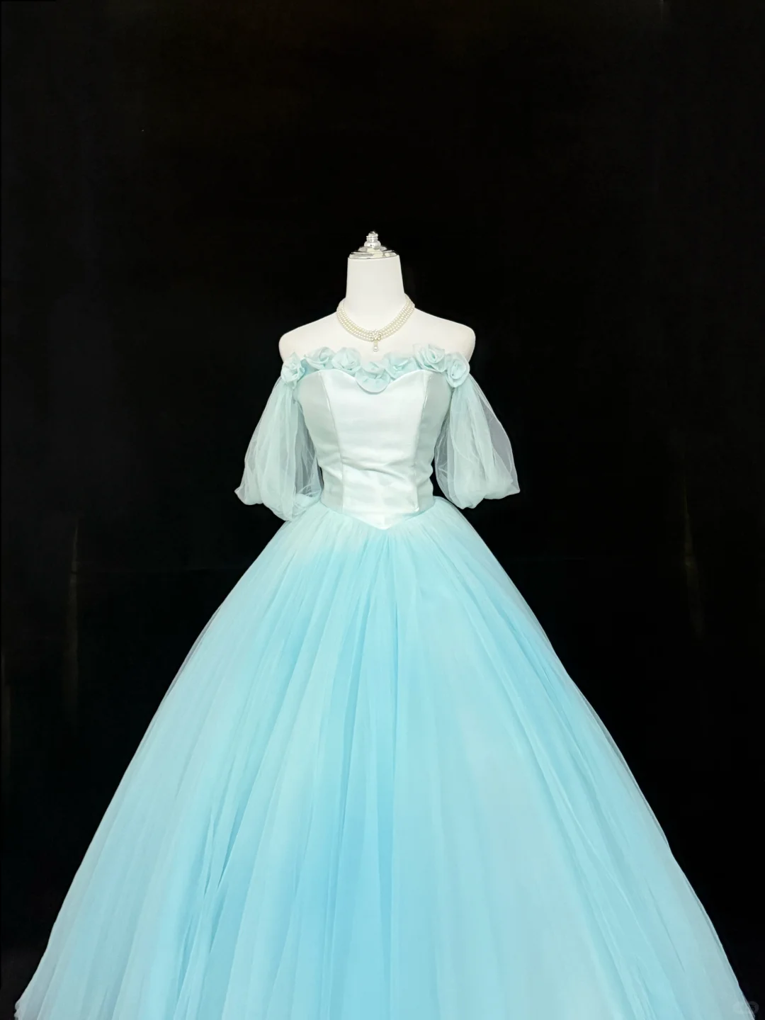 Light Blue Off-the-Shoulder Cinched Waist Voluminous Princess Skirt Long Romantic Dress, Wedding Gown gh7890