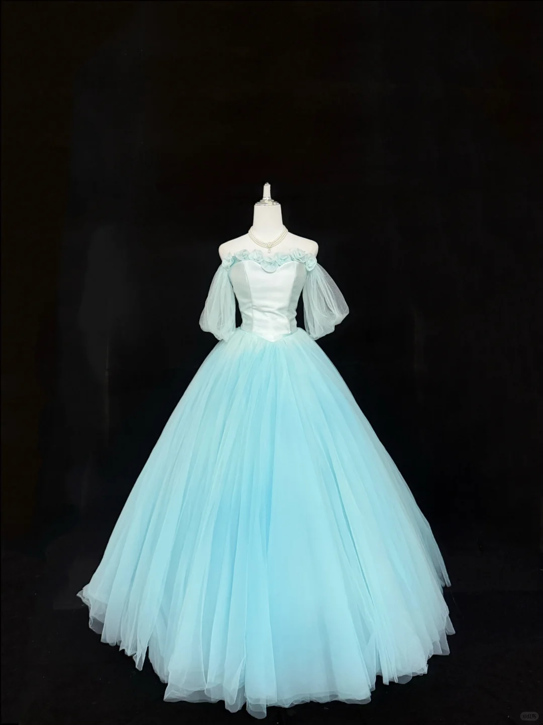 Light Blue Off-the-Shoulder Cinched Waist Voluminous Princess Skirt Long Romantic Dress, Wedding Gown gh7890