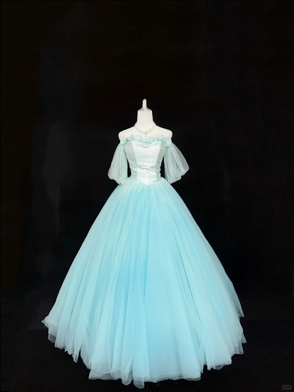 Light Blue Off-the-Shoulder Cinched Waist Voluminous Princess Skirt Long Romantic Dress, Wedding Gown gh7890