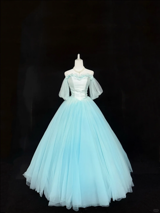 Light Blue Off-the-Shoulder Cinched Waist Voluminous Princess Skirt Long Romantic Dress, Wedding Gown gh7890