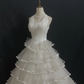 Off-White Halter Long Romantic Wedding Dress, Cinched Waist, Voluminous Tiered Cake Skirt gh8340