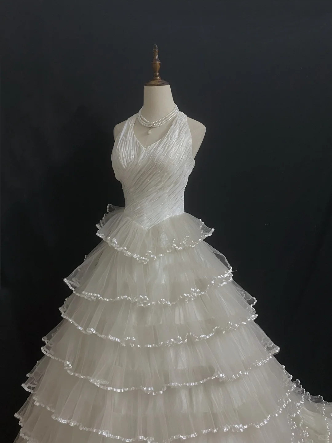 Off-White Halter Long Romantic Wedding Dress, Cinched Waist, Voluminous Tiered Cake Skirt gh8340