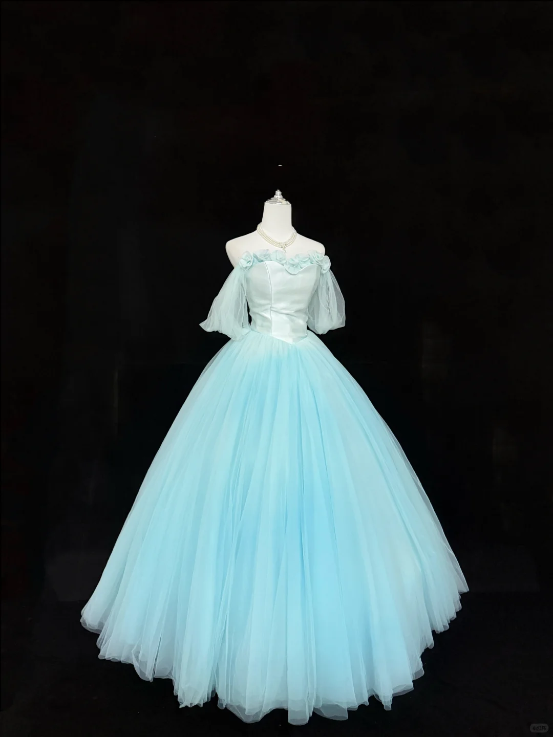 Light Blue Off-the-Shoulder Cinched Waist Voluminous Princess Skirt Long Romantic Dress, Wedding Gown gh7890