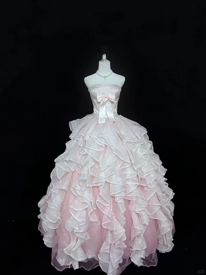 Blush Pink Satin Strapless Cinched Waist Voluminous Stylized Skirt Long Romantic Dress, Wedding Gown gh7979