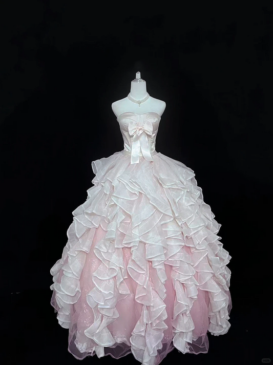 Blush Pink Satin Strapless Cinched Waist Voluminous Stylized Skirt Long Romantic Dress, Wedding Gown gh7979
