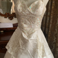 Ivory Vintage Spaghetti Strap Beaded Waist-Cinched Voluminous Skirt Prom Dress, Birthday Gown, Wedding Dress gh7260