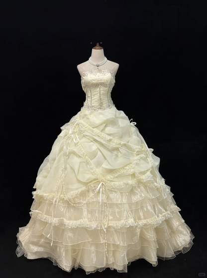 Light Yellow Vintage Palace Strapless Cinched Waist Voluminous Skirt Long Romantic Dress, Wedding Gown gh7939