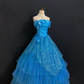Blue Off-the-Shoulder Long Romantic Gown With Fitted Waist And Fluffy Princess Skirt, Wedding Dress & Bridal Gown gh8290