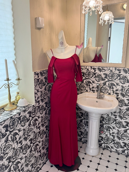 Burgundy Spaghetti Strap Off-the-Shoulder Waist-Cinched Fitted Elegant Romantic Dress, Wedding Gown gh7573