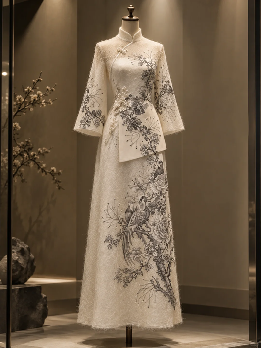 ✨Girlhomeshops-Ivory High Collar Qipao Lace Dress 3/4 Flare Sleeve Ink Bird Peony Print gh10323