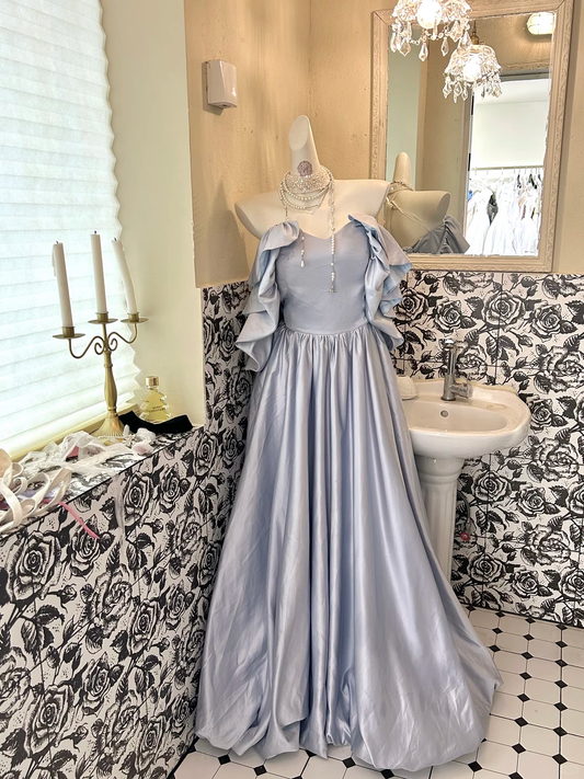 Light Blue Off-the-Shoulder Soft & Sexy Waist-Cinched Full Flared Skirt Long Romantic Dress, Wedding Gown gh7741