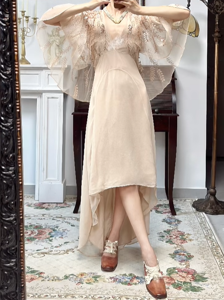 Pale‑Apricot‑Vintage‑Bohemian V‑Neck Batwing‑Flutter‑Sleeve Leaf‑Sequin‑Embroidery High‑Waist High‑Low‑Chiffon Evening Tea‑Party Gown gh8814