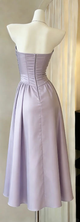 Strapless Sweetheart Lavender Satin Formal Gown Corset Lace Up A-Line Midi Skirt Homecoming Dress gh9478