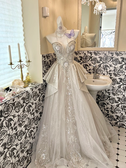 Ivory Gown with Silver Decorations, Waist-Cinched Slim A-Line Long Romantic Dress, Wedding Gown gh7703