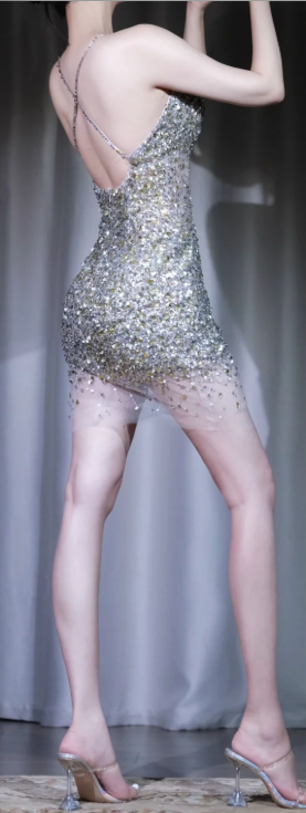 ✨Girlhomeshops-Silver Spaghetti Strap Deep V Mini Party Dress Rhinestone Beaded Sheer Mesh Evening Gown gh10058