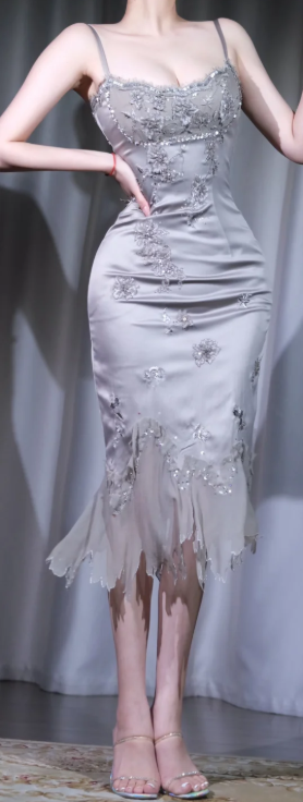 ✨Girlhomeshops-Silver Grey 3D Floral Beaded Spaghetti Strap Midi Mermaid Cocktail Dress gh10024