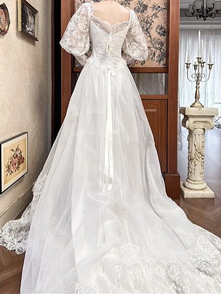 Ivory Vintage Lace A‑Line Wedding Prom Dress, Sweetheart V‑Neck, Lace Puff Long Sleeves, Full Lace Long Train gh8700