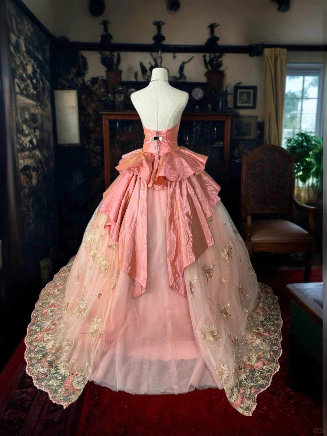 Girlhomeshops - Rosa, zart geblümtes, langes Tüll-Ballkleid gh5351