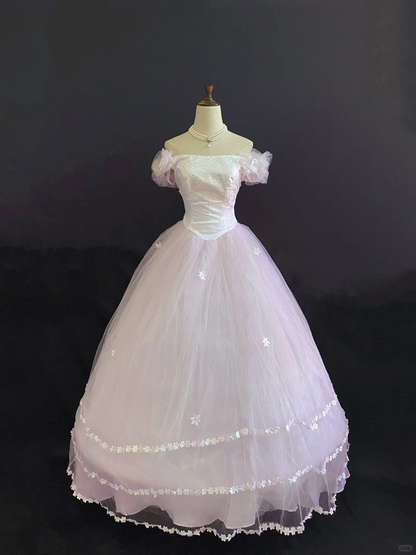 Blush pink off-shoulder long romantic gown with cinched waist and voluminous princess skirt, wedding dress & bridal gown gh8245