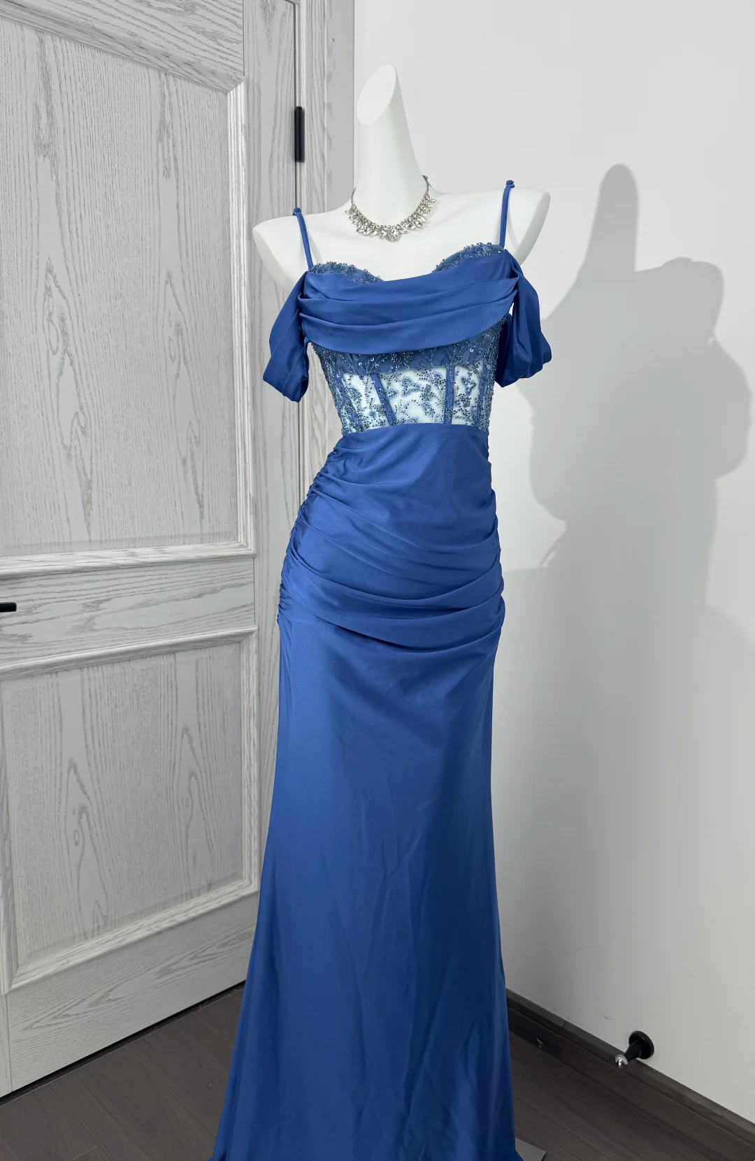 Light Blue Spaghetti Strap Off-the-Shoulder Cinched Waist Sexy Prom Dress, Evening Gown gh7217