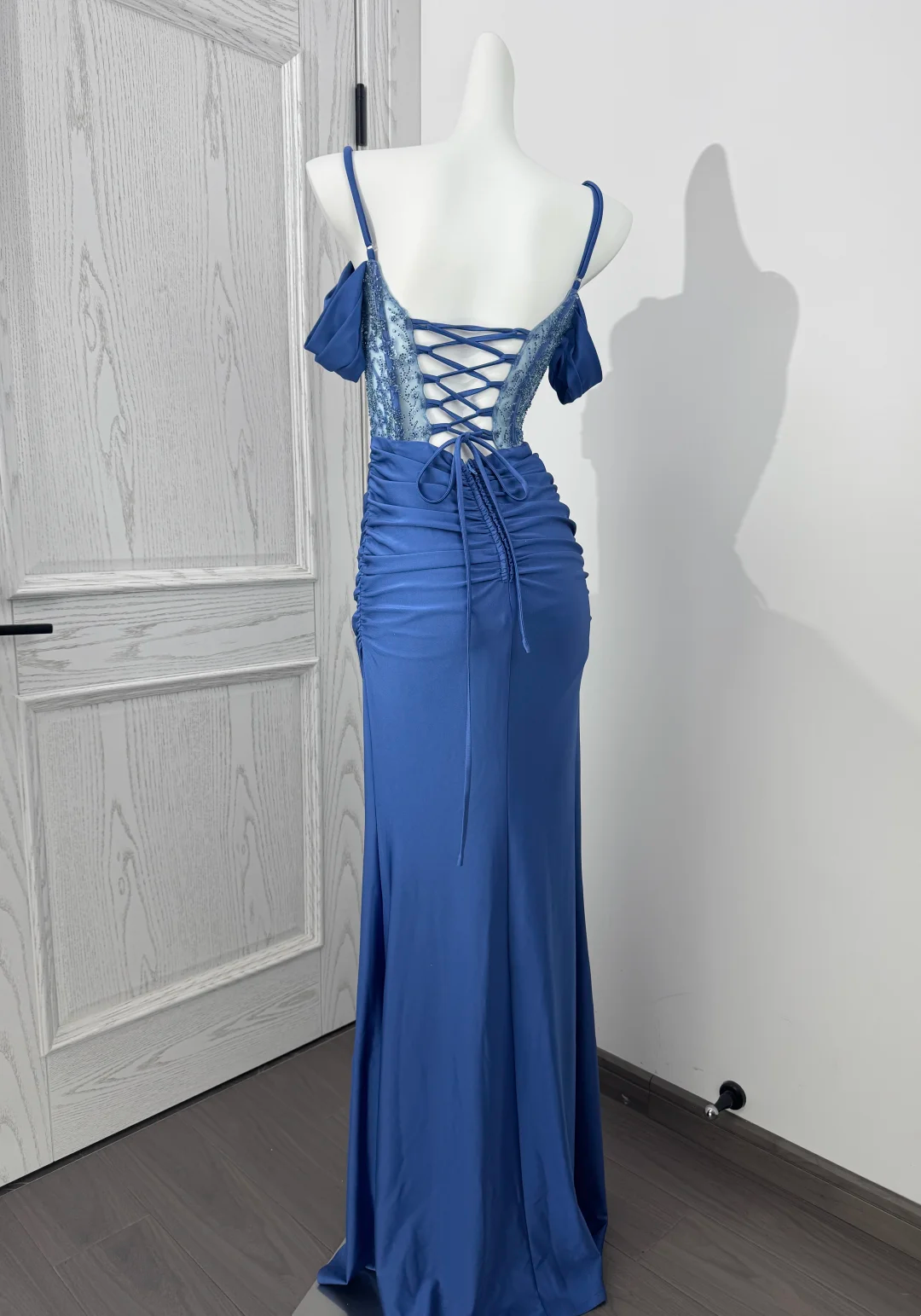 Light Blue Spaghetti Strap Off-the-Shoulder Cinched Waist Sexy Prom Dress, Evening Gown gh7217