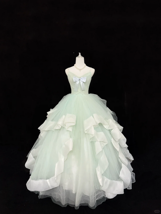 Sage Green Spaghetti Strap Long Romantic Gown with Cinched Waist and Voluminous Skirt, Wedding Dress gh7891
