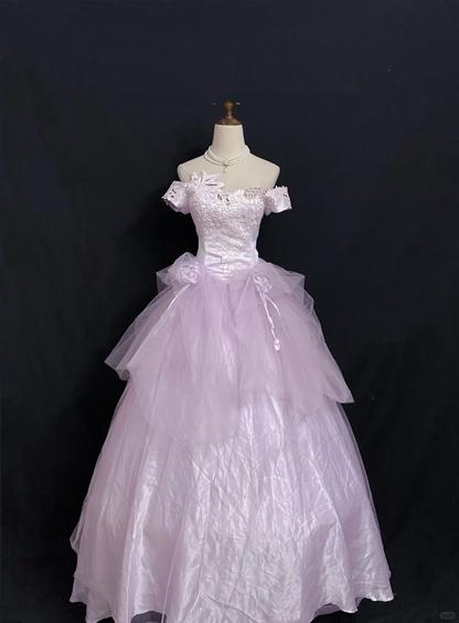Lavender Off-the-Shoulder Romantic Gown with Fitted Waist and Fluffy Princess Skirt, Wedding Dress & Bridal Gown gh8291
