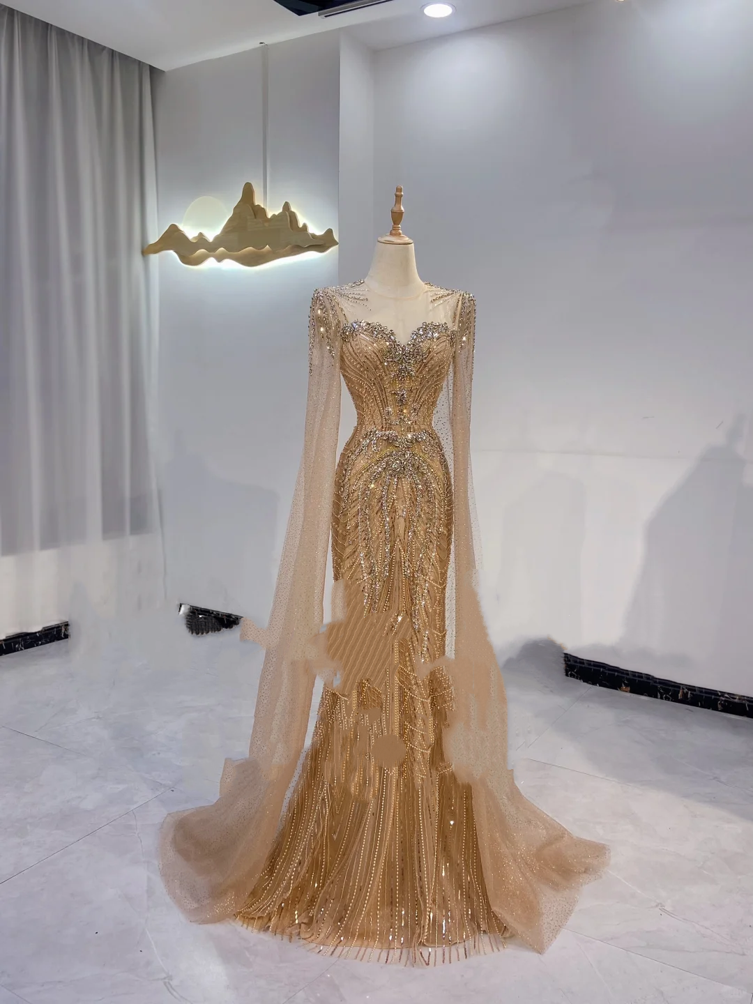 Gold Rhinestone Beaded Waist-Cinched Fitted Mermaid Sexy Long Evening Dress, Fairy Gown, Romantic Gown gh7408