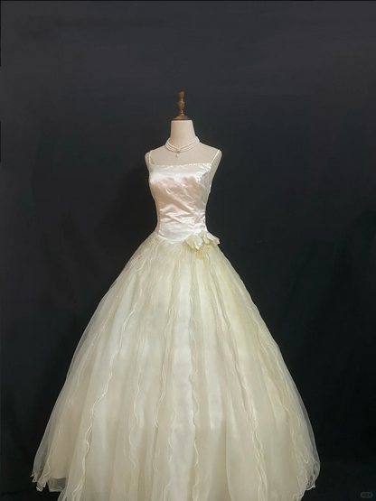 Light Yellow Spaghetti Strap Long Romantic Gown with Fitted Waist and Fluffy Princess Skirt, Wedding Dress & Bridal Gown gh8341