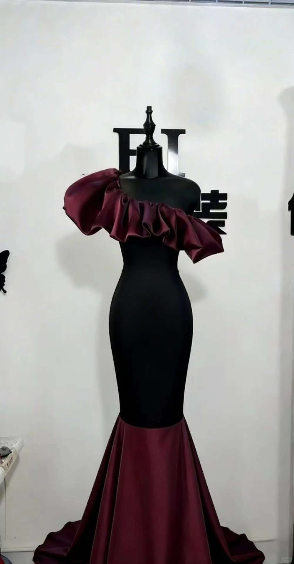 Deep Red Off-Shoulder Ruffled Neckline Waist-Cinched Fitted Bodycon Mermaid Long Evening Dress, Fairy Gown, Romantic Gown gh7486