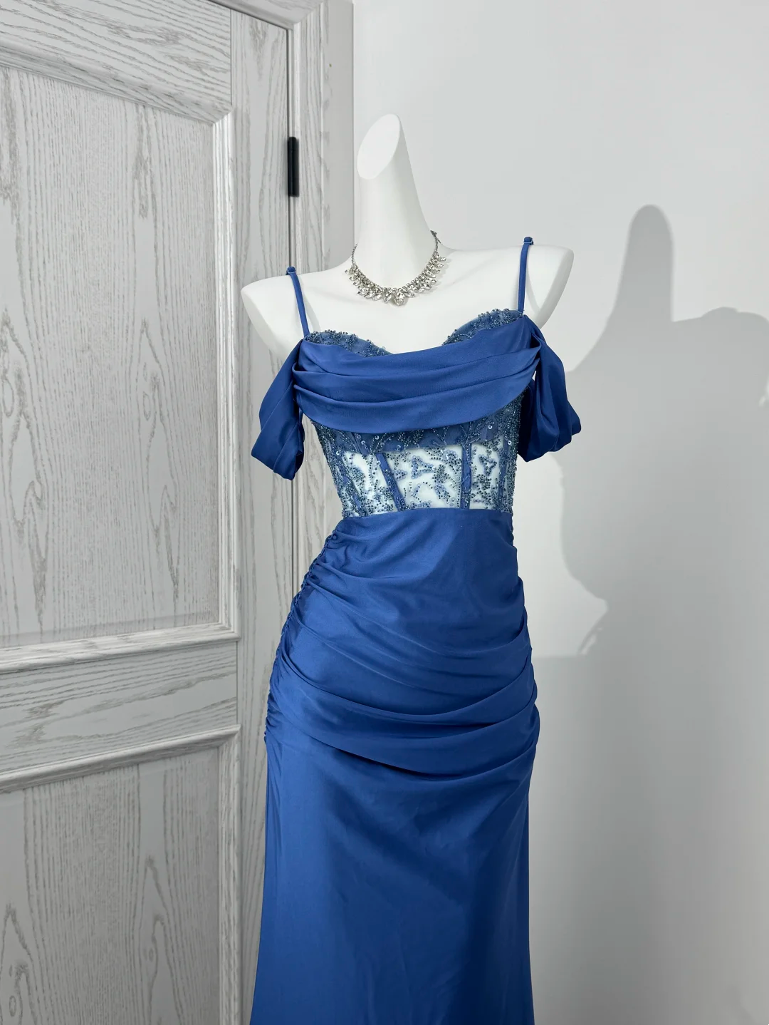 Light Blue Spaghetti Strap Off-the-Shoulder Cinched Waist Sexy Prom Dress, Evening Gown gh7217