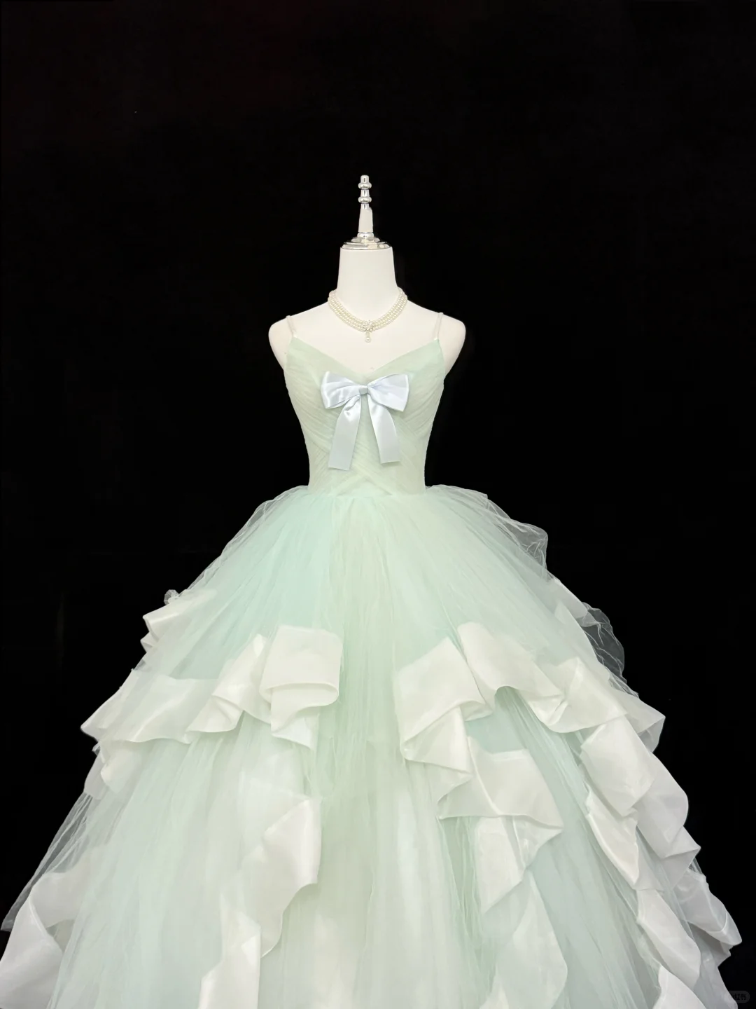 Sage Green Spaghetti Strap Long Romantic Gown with Cinched Waist and Voluminous Skirt, Wedding Dress gh7891