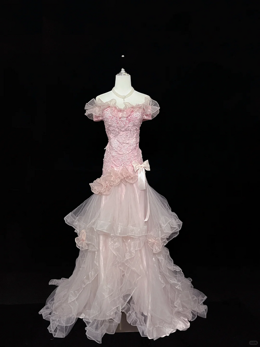 Blush Pink Ruffled Beaded Cinched Waist Mermaid Sexy Long Romantic Dress, Wedding Gown gh7940