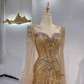 Gold Rhinestone Beaded Waist-Cinched Fitted Mermaid Sexy Long Evening Dress, Fairy Gown, Romantic Gown gh7408