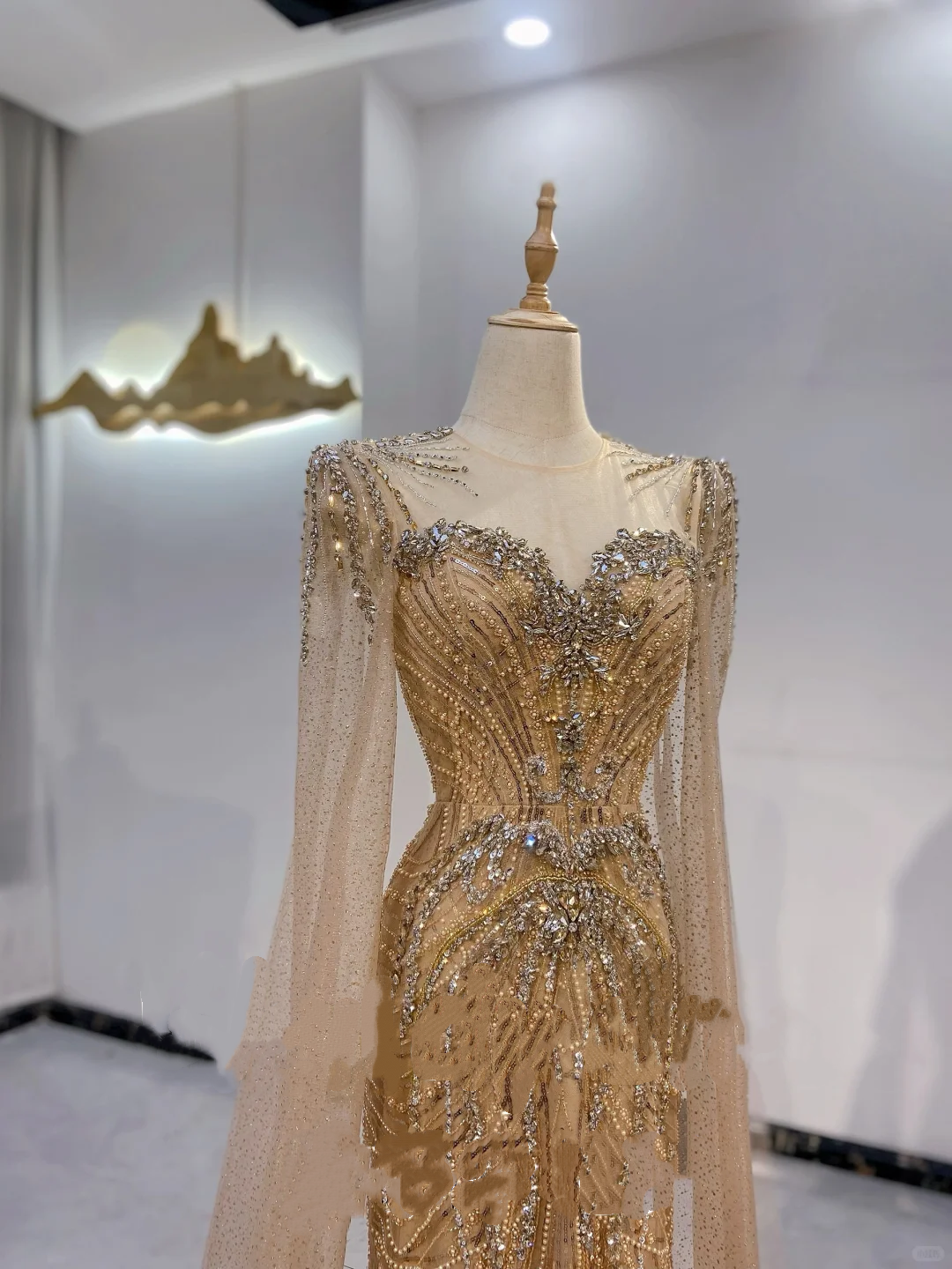 Gold Rhinestone Beaded Waist-Cinched Fitted Mermaid Sexy Long Evening Dress, Fairy Gown, Romantic Gown gh7408