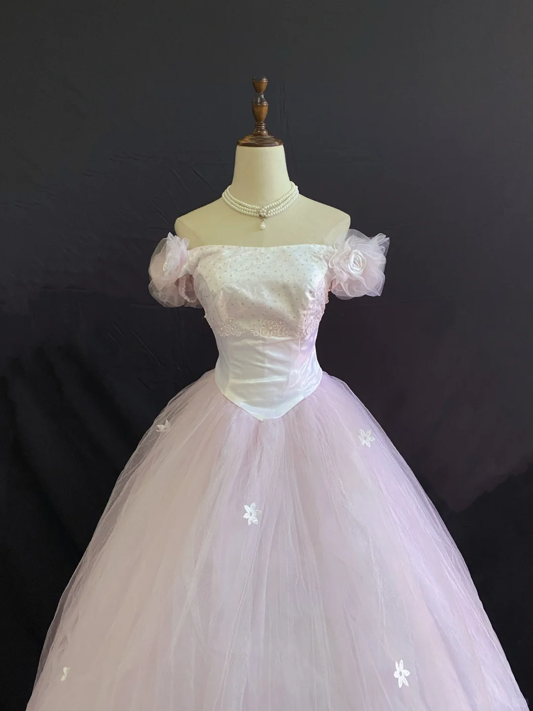 Blush pink off-shoulder long romantic gown with cinched waist and voluminous princess skirt, wedding dress & bridal gown gh8245