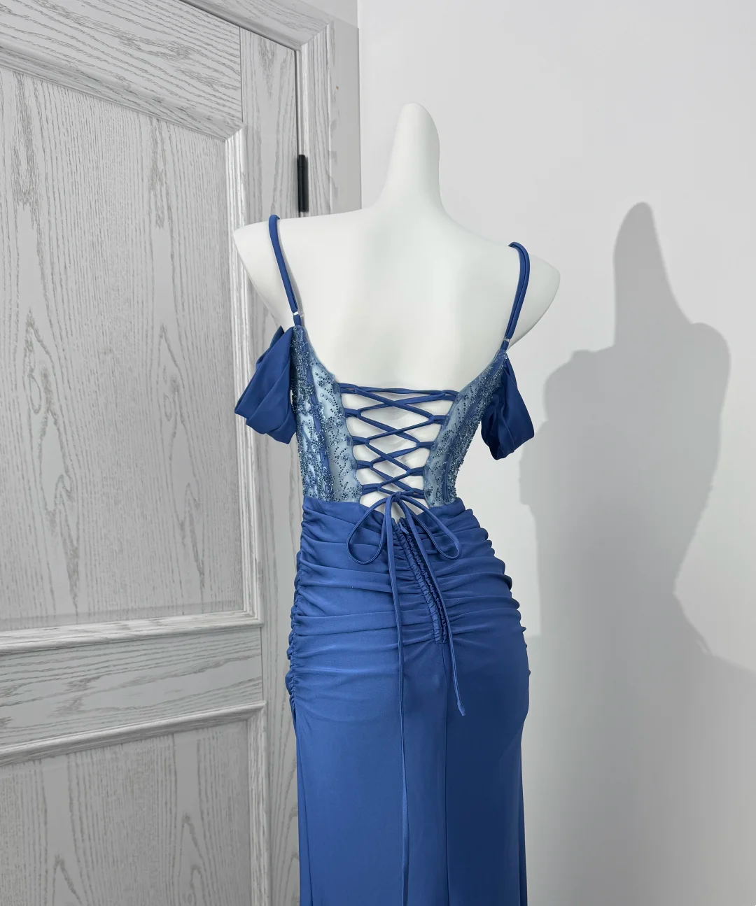 Light Blue Spaghetti Strap Off-the-Shoulder Cinched Waist Sexy Prom Dress, Evening Gown gh7217