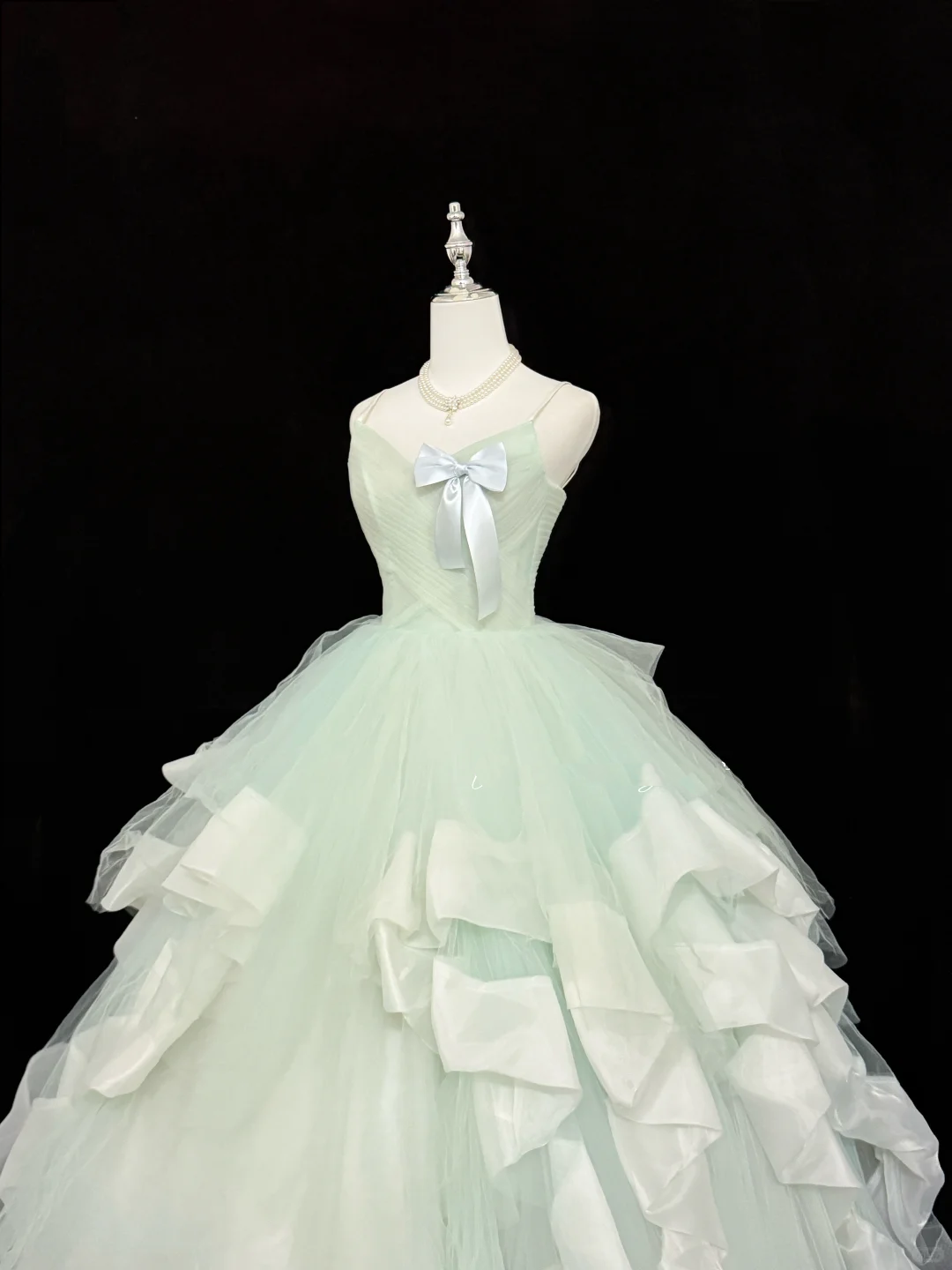 Sage Green Spaghetti Strap Long Romantic Gown with Cinched Waist and Voluminous Skirt, Wedding Dress gh7891