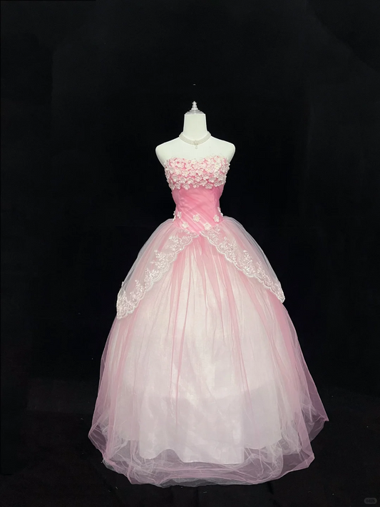Peach Pink Gradient Strapless With Fresh Florals Cinched Waist Voluminous Skirt Romantic Dress, Wedding Gown gh8026