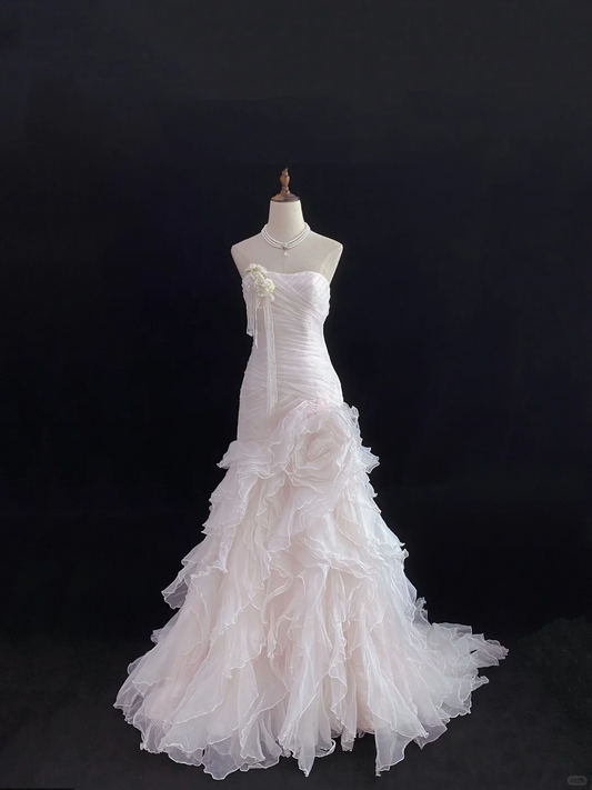 Blush Pink Strapless Sexy Long Romantic Gown, Cinched Waist & Slim Bodycon Hip Design, Wedding Dress & Bridal Gown gh8160