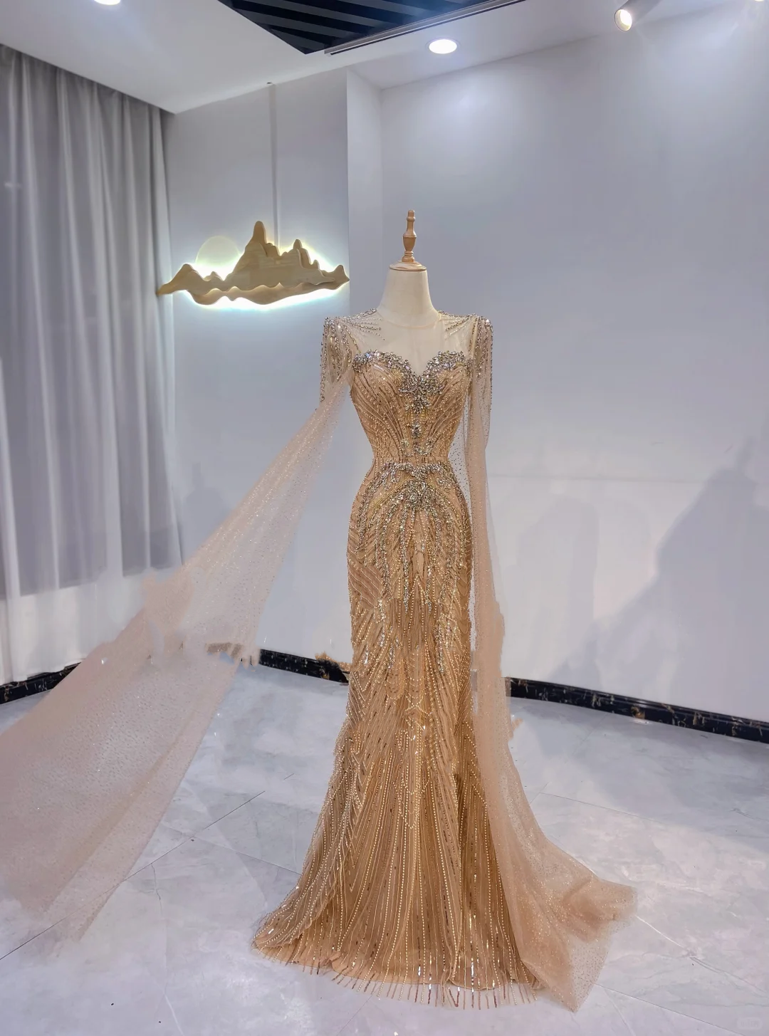Gold Rhinestone Beaded Waist-Cinched Fitted Mermaid Sexy Long Evening Dress, Fairy Gown, Romantic Gown gh7408