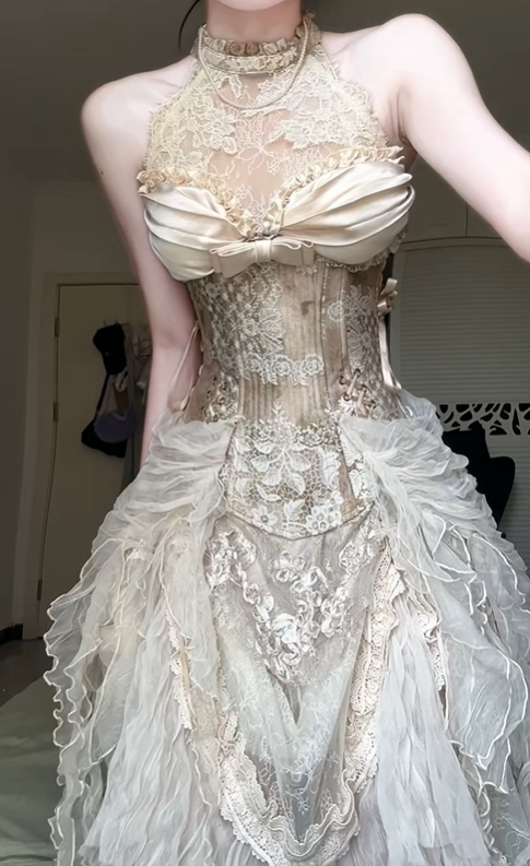 Light Champagne Halter High‑Neck Prom Gown, Lace Corset Bow High‑Low Ruffled Tulle Evening Dress gh9059
