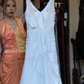 Spaghetti Strap White Prom Dress V Neck Hand Beaded Swirl Applique Flowy Chiffon Evening Gown gh9826