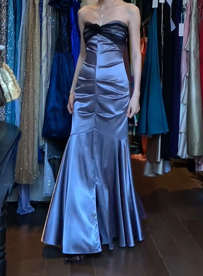 Dusty Purple Vintage Prom Dress Strapless Black Tulle Twist Bust Ruched Satin Mermaid Long Evening Gown With Side Slit gh9628