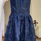 Navy Blue Vintage Fashion Elegant Strapless A-Line Delicate Lace Long Tulle Ball Gown Evening Dress gh3616
