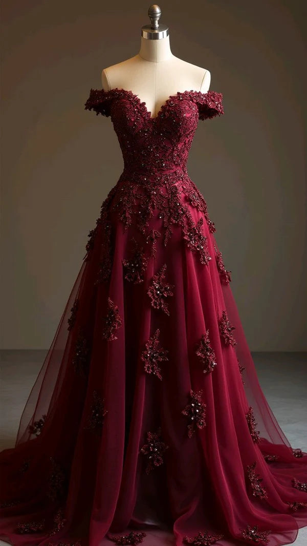girlhomeshops – Burgunderrotes, langes Ballkleid aus Tüll mit zarten Blumenapplikationen, gh5634